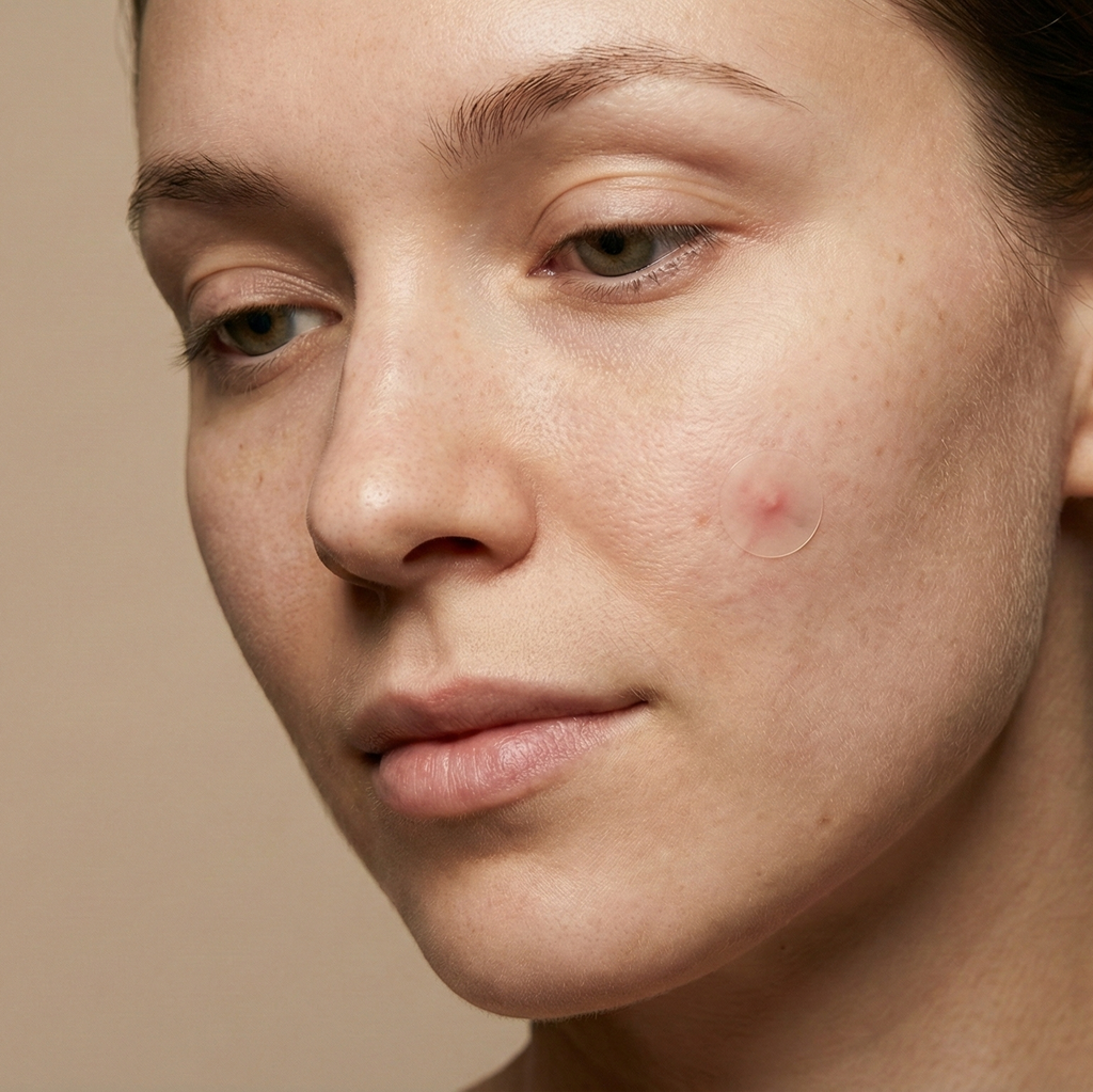 Close-up of a person's face with a neutral background