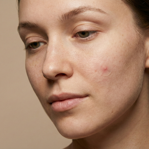 Close-up of a person's face with a neutral background