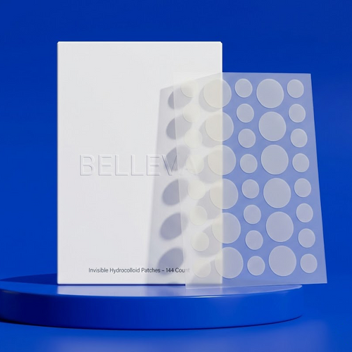 Packaging of Invisible Hydrocolloid Patches with BELLEVE branding on a blue background